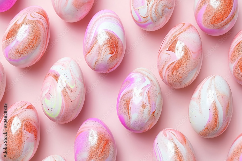 Flat lay of hand-painted and decorated Easter eggs in pastel peach and gold colors on a background with peach fuzz with the color of the year 2024 Flat lay of hand-painted and decorated Easter eggs in pastel peach and gold colors on a background with peach fuzz with the color of the year 2024