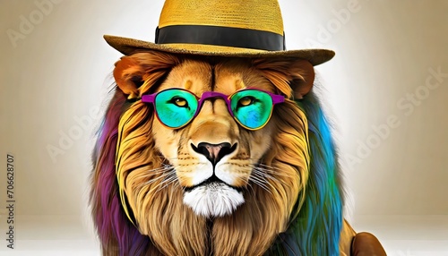 stylized lion with hat and glasses colorful illustration
