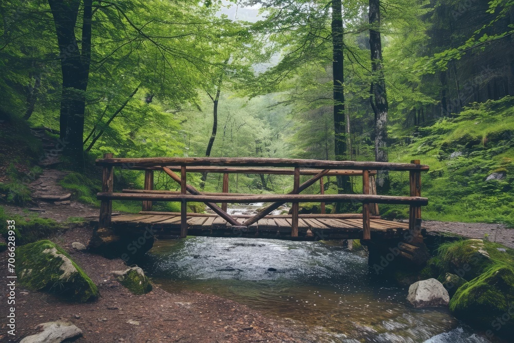 Rustic wooden bridge crossing a serene forest stream Rustic wooden bridge crossing a serene forest stream