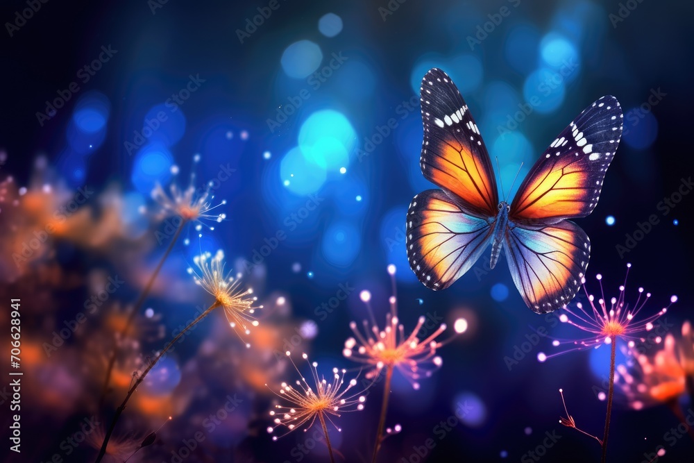Fluttering orange butterfly and magic flowers on blue blurred background. Night butterfly. Floral spring concept for banner or greeting card with copy space Fluttering orange butterfly and magic flowers on blue blurred background. Night butterfly. Floral spring concept for banner or greeting card with copy space