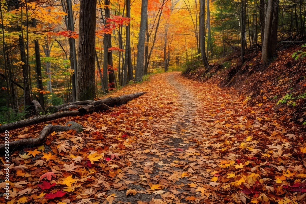 Naklejka premium Rustling autumn leaves cascading down a winding forest path