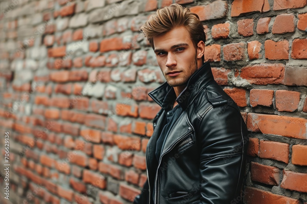 Male fashion model in a leather jacket Casually leaning against a brick wall Male fashion model in a leather jacket Casually leaning against a brick wall