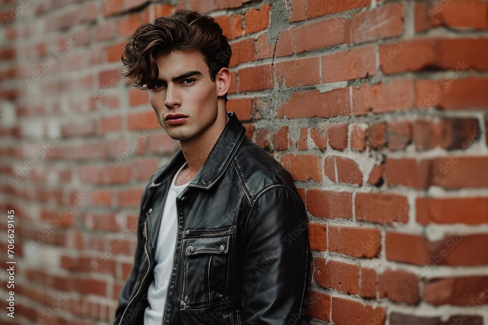 Male fashion model in a leather jacket Casually leaning against a brick wall