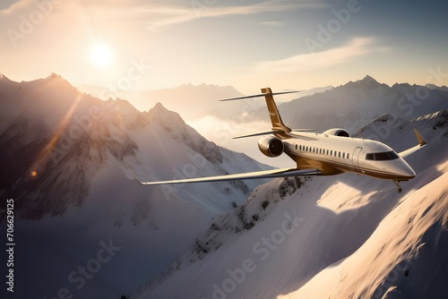 Papier peint A breathtaking photograph of the Bombardier Global 7000, captured as it soars gracefully above a mesmerizing landscape of snow-capped mountains and pristine lakes