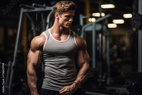 Male fitness model showcasing defined muscles In a gym setting performing a workout