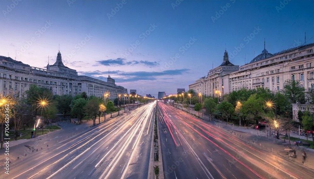 traffic in the center of the capital city of romania bucharest at dusk