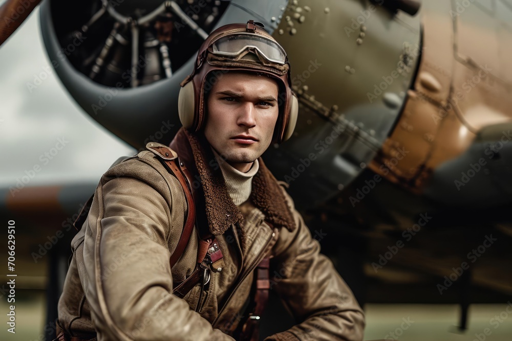 Male model as a vintage aviator Striking a pose beside an antique ...