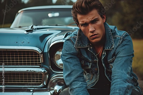 Male model in a denim jacket Striking a pose with a vintage car photo