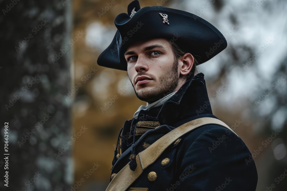Male model in historical military attire Standing solemnly at a memorial site Stock Photo