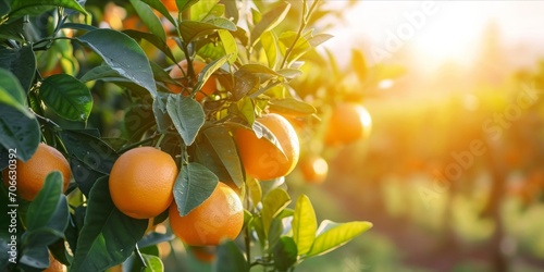 As the Sun Sets  Dew-Kissed Oranges Thrive in a Lush Plantation  Organic Farming Yields Fresh  Ripe Citrus Fruits  Nature s Zesty Delights  Generative AI