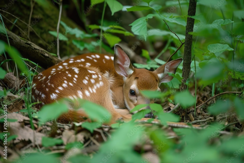 Newborn fawn nestled in the forest underbrush Barely visible