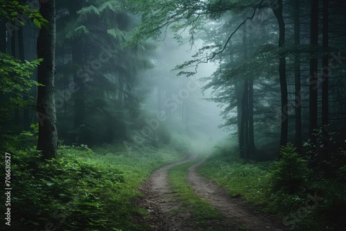 Misty forest path leading into the unknown
