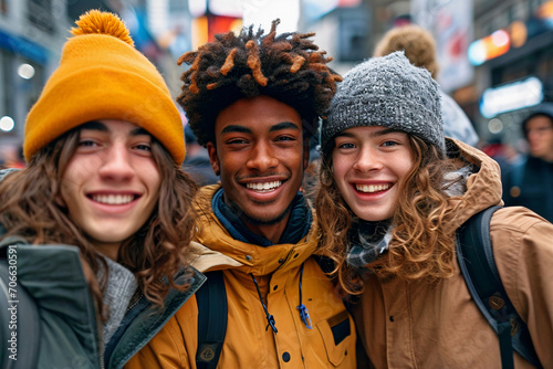 Selfie of diverse Group of Male Teens in Coats