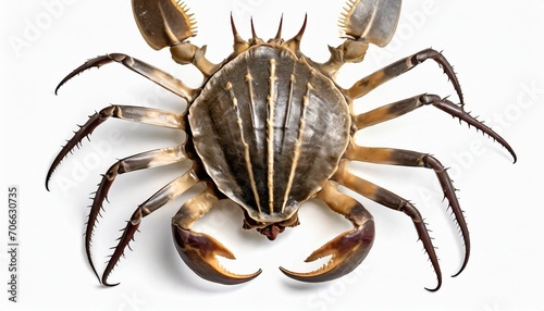 horseshoe crab on white background isolated close up top view marine arthropod with domed horseshoe shaped shell and long tail spine ancient sea animal lat xiphosura limulus polyphemus photo