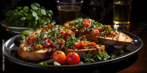 Bruschetta alla Romana Culinary Elegance, A Visual Symphony of Tomatoes, Basil, and Olive Oil, Roman Flavor in Every Toasted Bite.