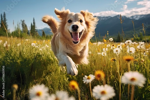Playful dog running in a sunny meadow