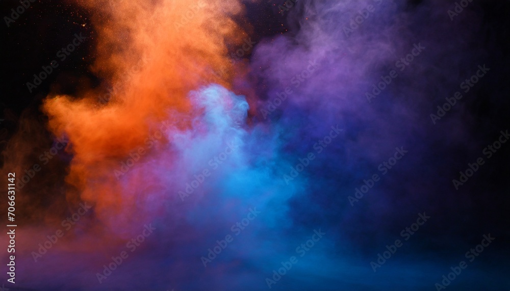 bluish smoke cloud of colored powder images in the style of bright orange purple and blue colors video glitches high quality photography colorful explosions striking composition psychedelic sur