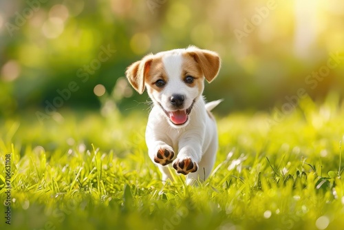 Playful puppy romping in a field of green grass