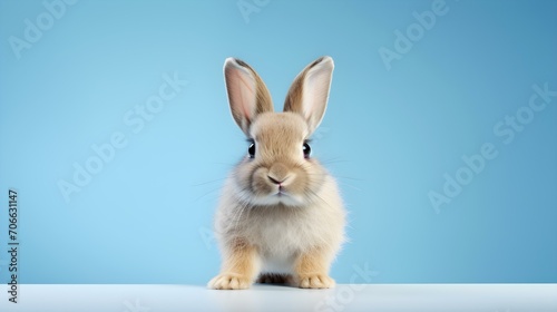 Fluffy Bunny in front of a blue Wallpaper. Blank Background with Copy Space