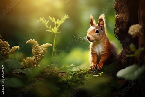 Playful squirrel in a lush green forest © Jelena