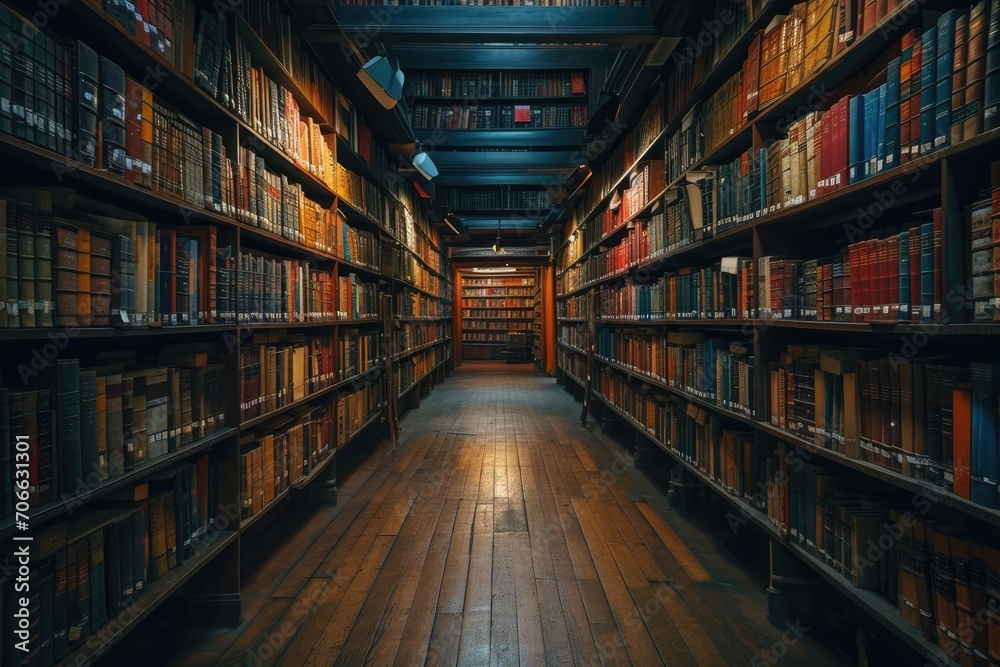 Quiet library hall lined with ancient books A haven of knowledge