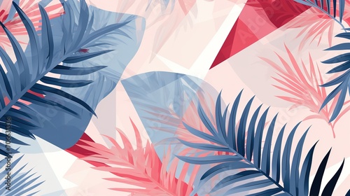 Beautiful seamless floral pattern background with palm tropical leaves and abstract forms. Abstract geometric texture. Perfect for wallpapers, web page backgrounds. Generative Ai