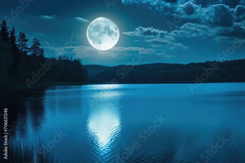 Radiant full moon casting light over a tranquil lake