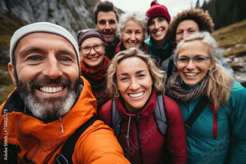 Group of happy hikers taking a selfie in the mountains © Geber86