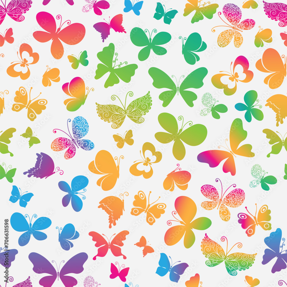 Vector seamless spring pattern with rainbow butterflies of various shapes on white background Vector seamless spring pattern with rainbow butterflies of various shapes on white background
