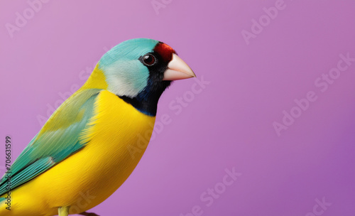 Multicoloured bright bird on a purple background