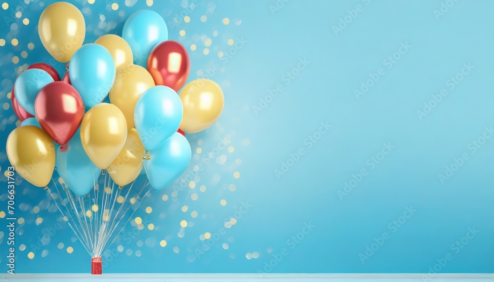 festive banner with balloons on blue blank background party decoration with copy space area panoramic holiday background