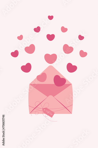 Love letter. Pink envelope with hearts. With love. Valentine's Day greeting card. Valentine day concept flat design