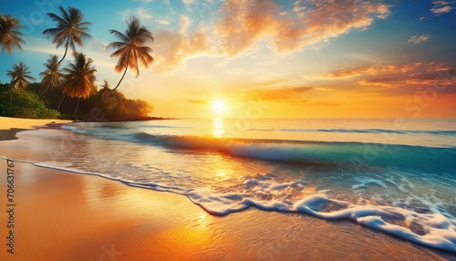 peaceful nature scenic relax paradise amazing closeup view of calm ocean bay waves with orange sunrise sunset sunlight tropical island vacation holiday beach landscape exotic sea shore coast