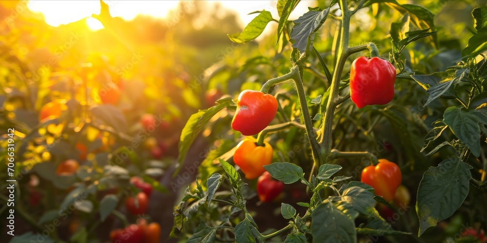 As the Sun Sets, a Vibrant Paprika Field Flourishes: Organic Farming Yields Fresh and Colorful Red and Yellow Peppers, Culinary Delights, Generative AI