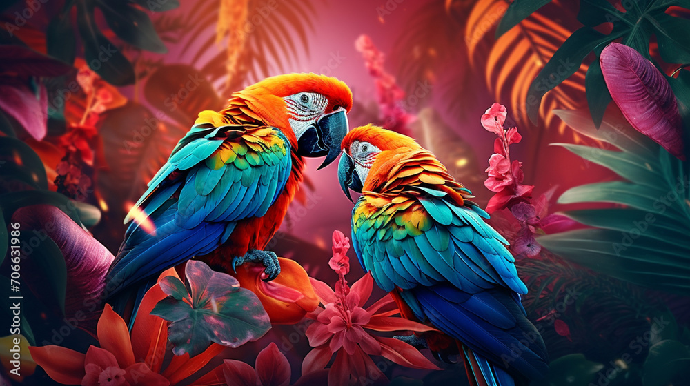 Obraz premium A tropical pattern with leaves and birds