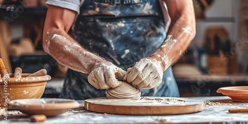 Um tiro cativante capturando um escultor no processo de moldar uma peça de argila ou pedra, destacando a habilidade e criatividade envolvidas na arte tridimensional. photo