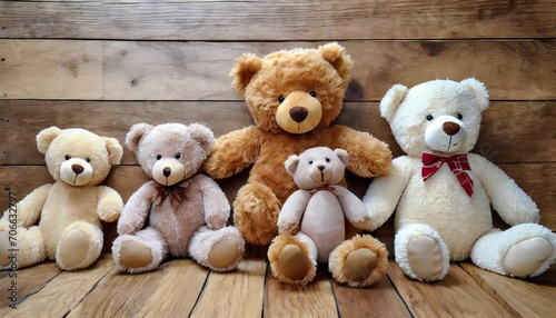 group of teddy bears on a wooden background