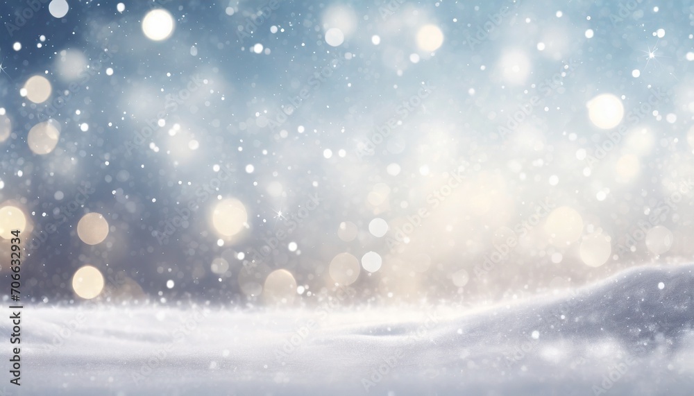 winter christmas background with snow and blurred light bokeh effect