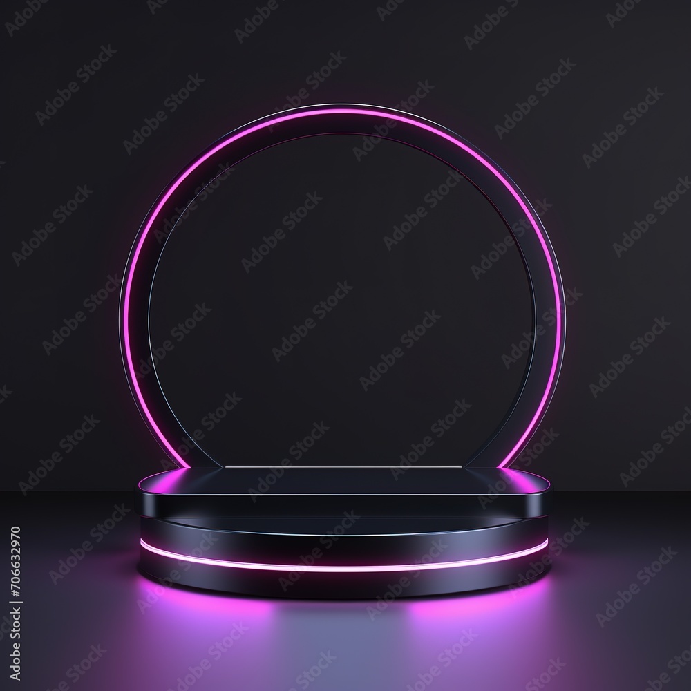 Black background product stand or podium pedestal on advertising neon light screen with blank background. 3D rendering. Generative Ai Black background product stand or podium pedestal on advertising neon light screen with blank background. 3D rendering. Generative Ai