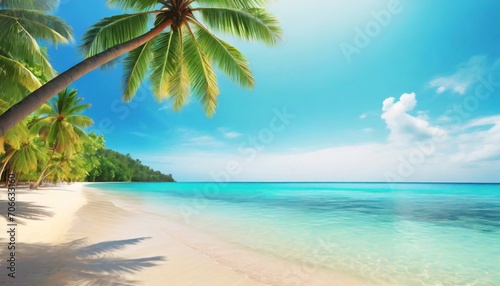 tropical island sea beach beautiful paradise nature panorama landscape coconut palm tree green leaves turquoise ocean water blue sky sun white cloud yellow sand summer holidays vacation travel © Irene