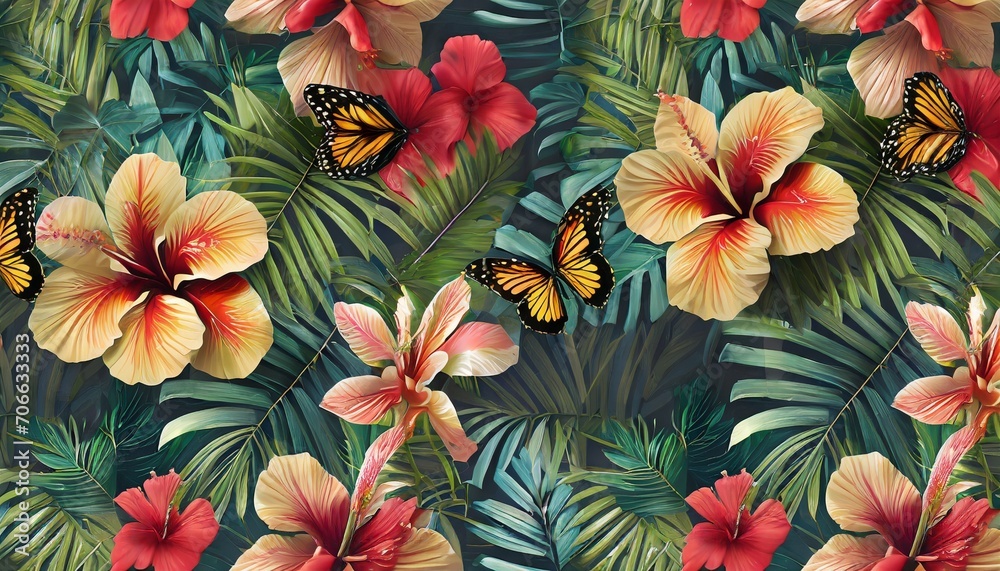 vintage floral seamless pattern tropical wallpaper with hibiscus flowers palm leaves butterflies luxury botanical background hand drawn 3d illustration premium design for wallpaper fabric