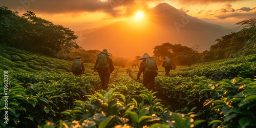 At Sunrise in the Evening Mountains, People Harvest Black Coffee Tea, Embracing the Beauty of Nature and Its Aromatic Bounty. Generative AI
