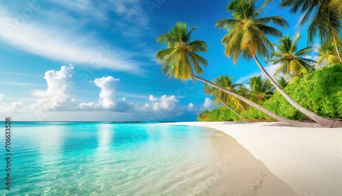 beautiful tropical beach tranquil white sand palm trees turquoise sea bay sunny blue sky clouds perfect summer landscape background best relaxing vacation island of maldives luxury destination © Irene