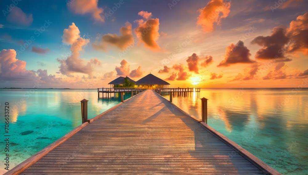 amazing beach landscape beautiful maldives sunset seascape view horizon colorful sea sky clouds over water villa pier pathway tranquil island lagoon tourism travel background exotic vacation