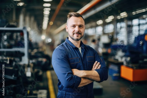 Portrait of a smiling young man working in automotive factory
