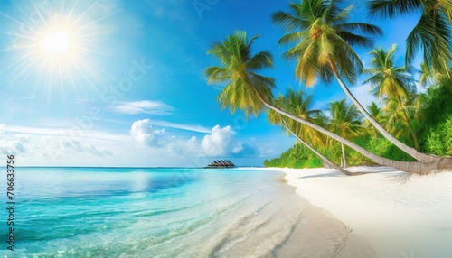 fantastic sunny panorama at maldives luxury resort seascape majestic sea waves coconut palm trees sand sunshine sky beauty paradise beach popular destination best summer vacation travel background © Irene