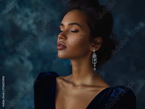 Contemporary glamour portrait  elegant female in a velvet dress with a plunging neckline  chandelier earrings