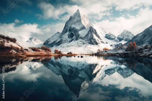 Snowy mountain peak reflected in calm lake
