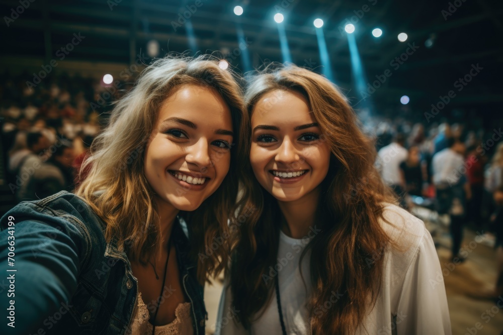 Two smiling young women taking selfie at concert Two smiling young women taking selfie at concert