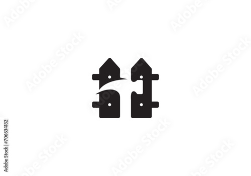 wooden fence and hammer logo, service, building, repair symbol design template